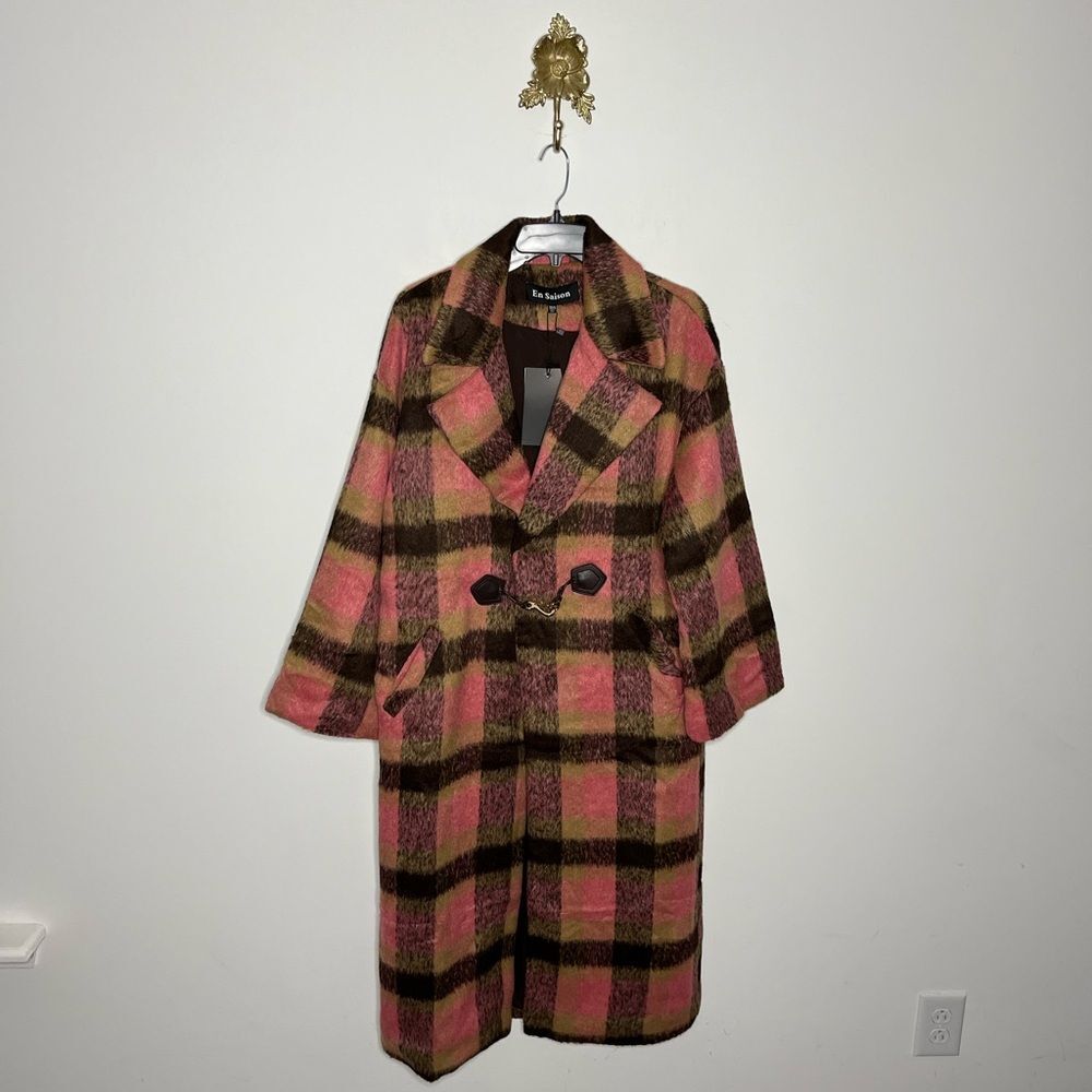 En Saison Pink and Brown Plaid Wool Coat